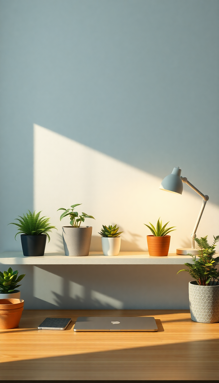 Minimalist Desk Setup Plants Morning Photorealistic Wallpaper