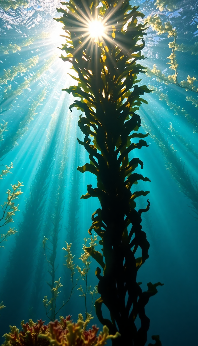 Underwater Kelp Forest Sun Rays Photorealistic Wallpaper