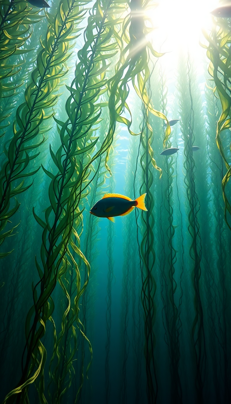Underwater Forest Kelp Swaying Fish Photorealistic Wallpaper