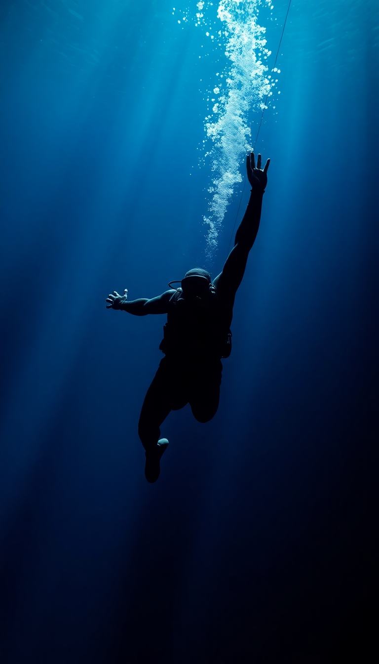 Freediver Descending Into Deep Blue Photorealistic Wallpaper