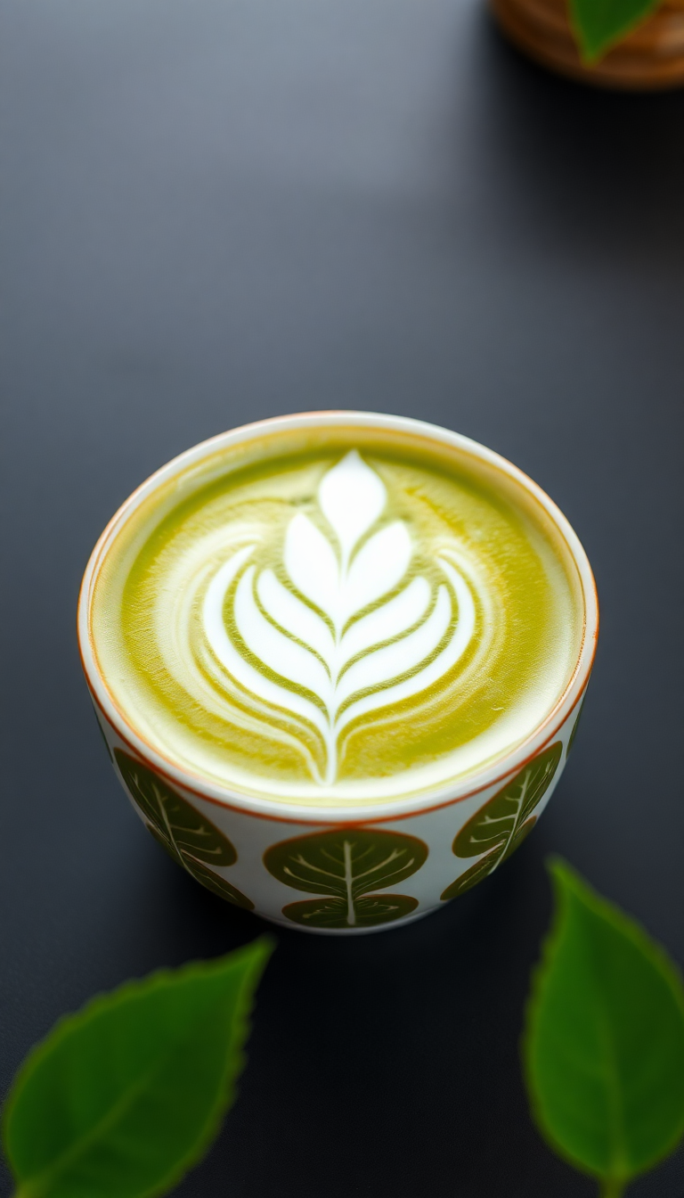 Matcha Latte Art Leaf Pattern Photorealistic Wallpaper