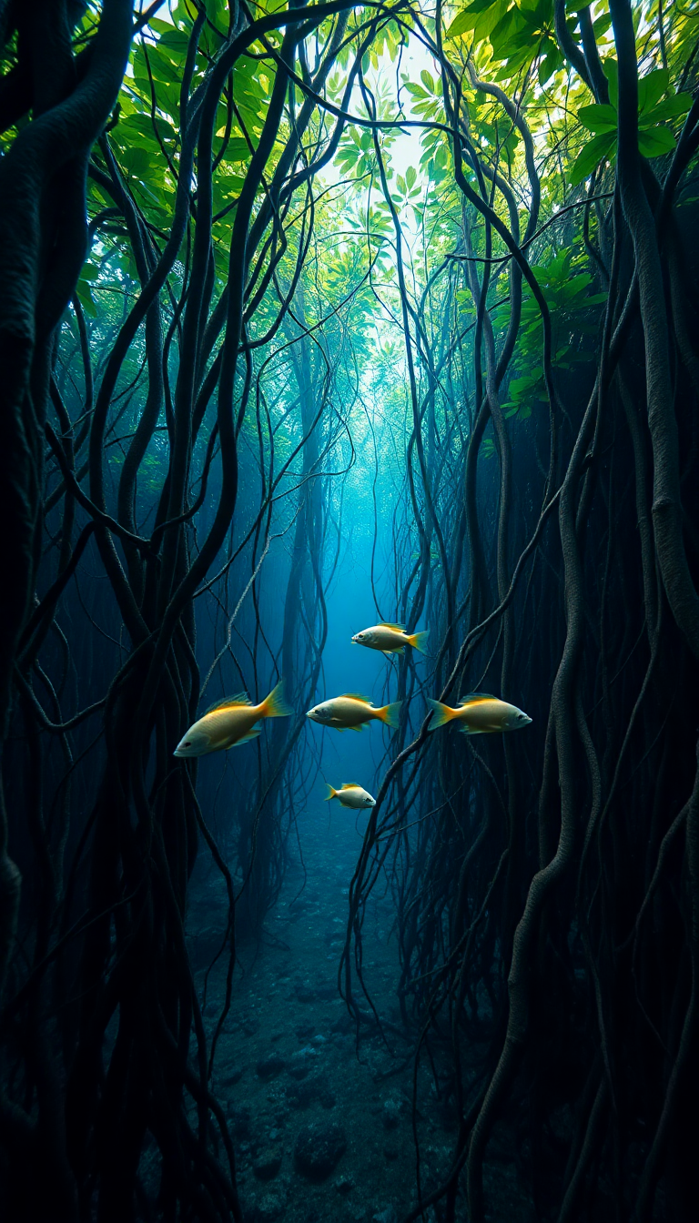 Mangrove Forest Roots Underwater Fish Photorealistic Wallpaper