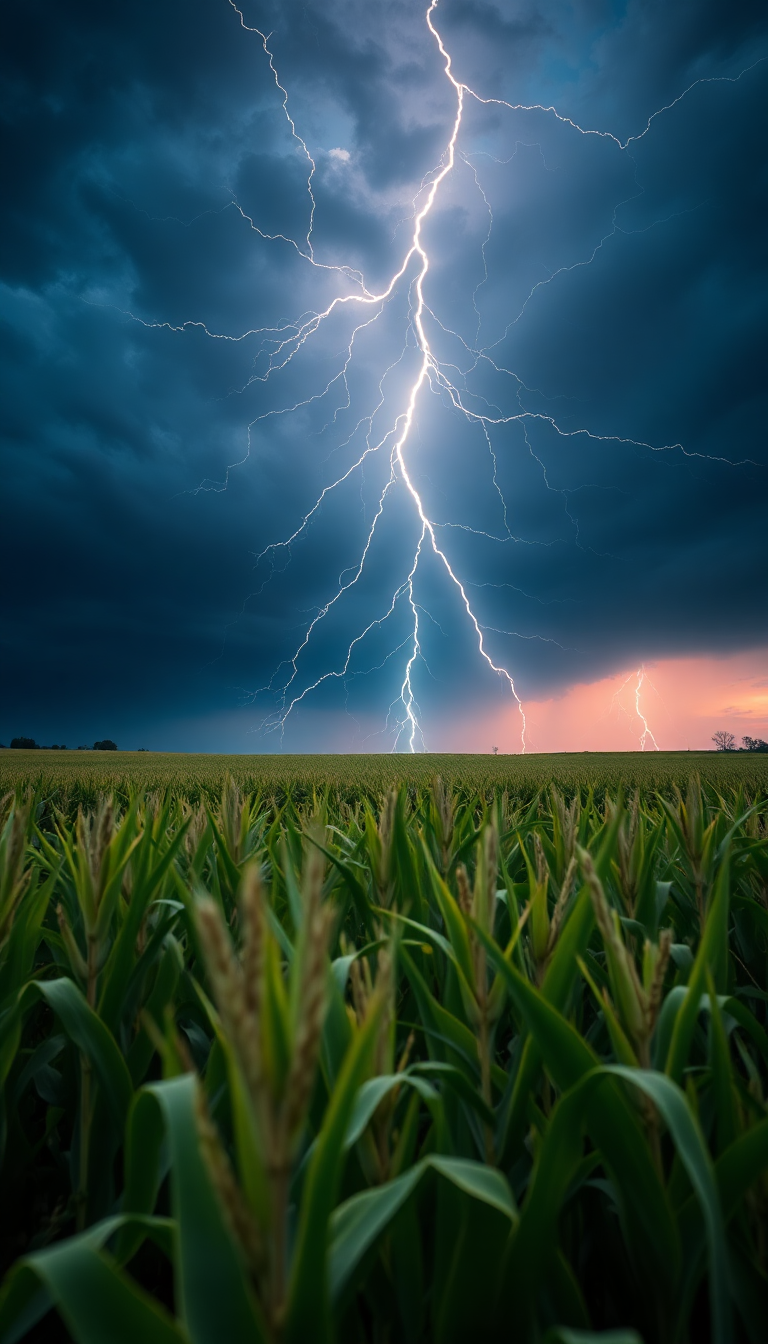 Summer Thunderstorm Lightning Over Cornfield Photorealistic Wallpaper