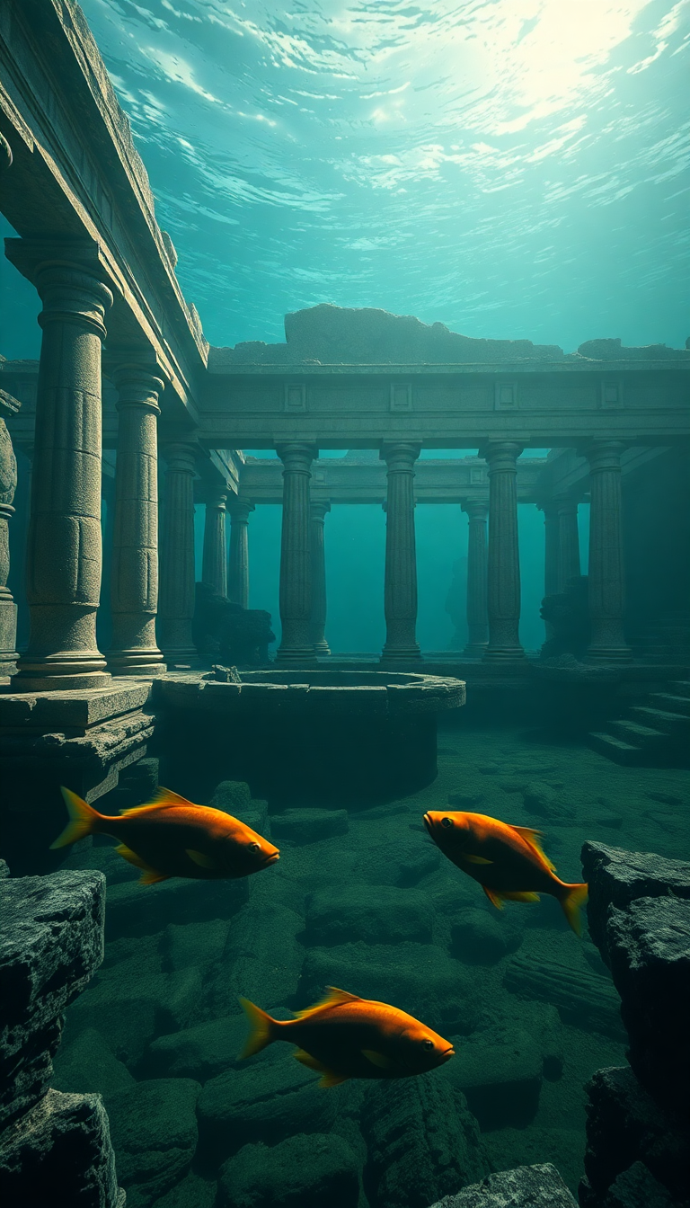 Sunken Ancient Temple Fish Swimming Digital art Wallpaper