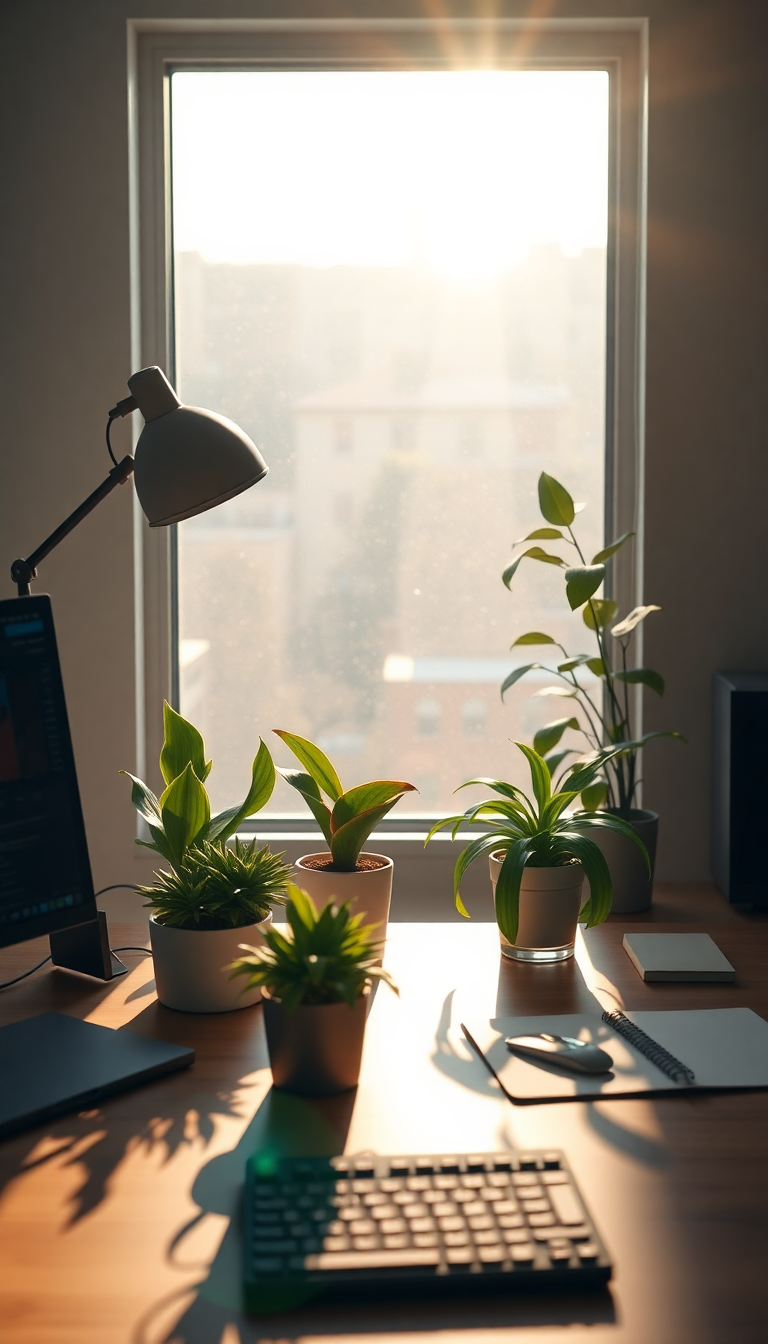 Minimalist Desk Setup Plants Morning Photorealistic Wallpaper