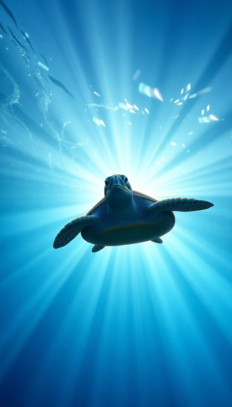 Sea Turtle Swimming Sunbeams Underwater Photorealistic Wallpaper