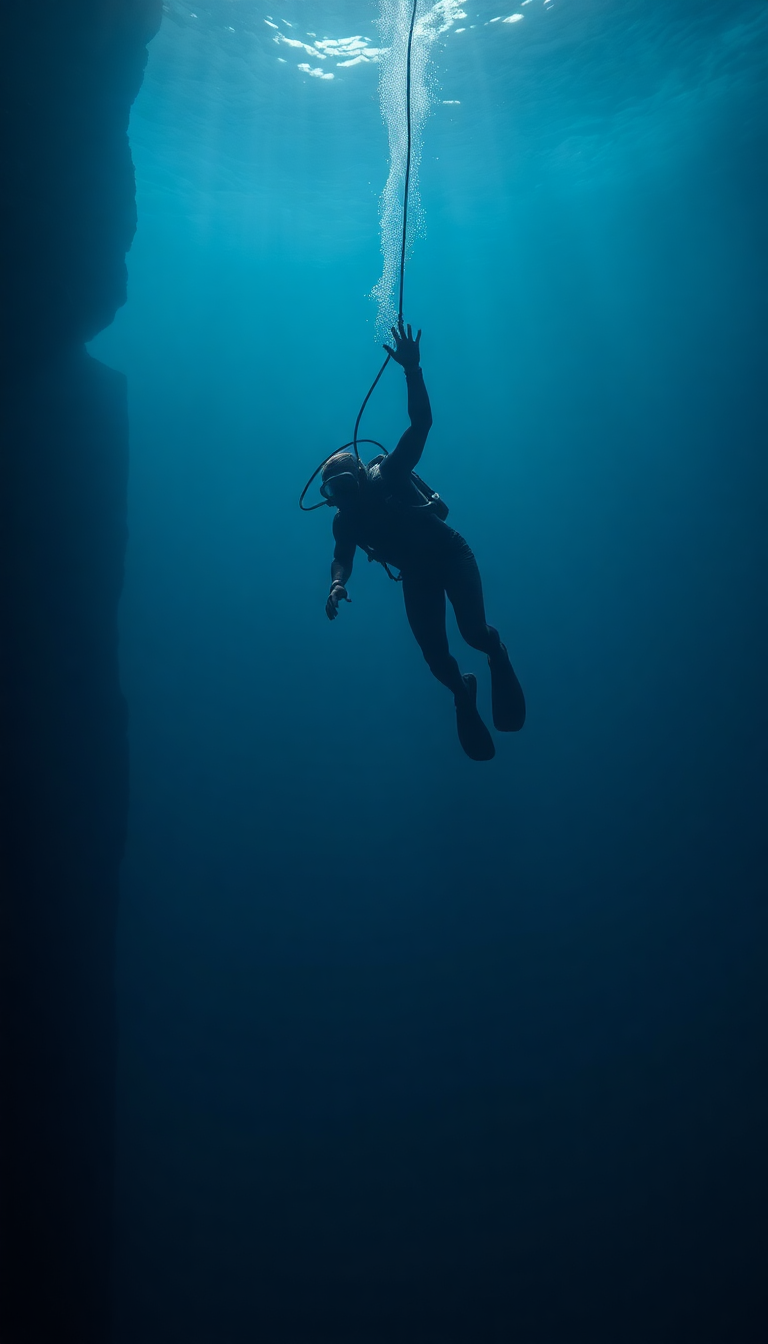 Freediver Descending Into Deep Blue Photorealistic Wallpaper