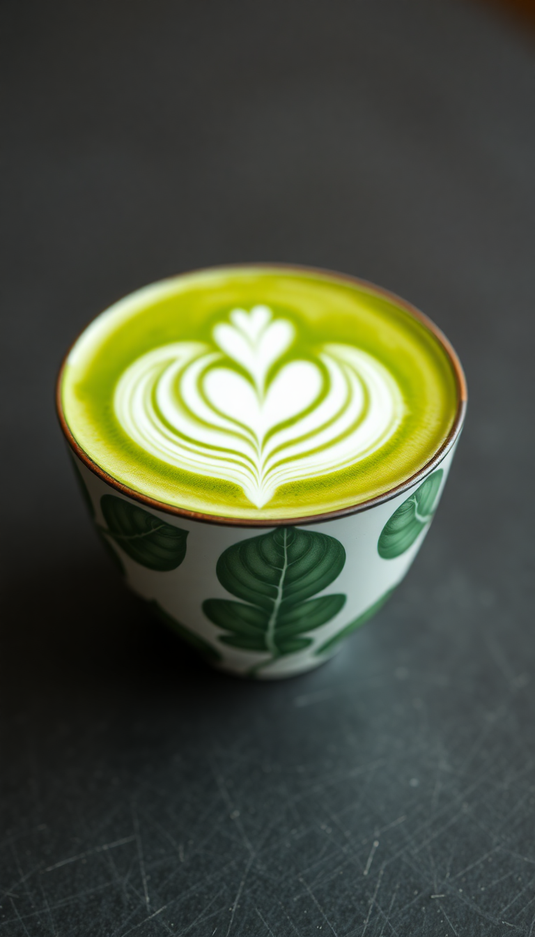 Matcha Latte Art Leaf Pattern Photorealistic Wallpaper