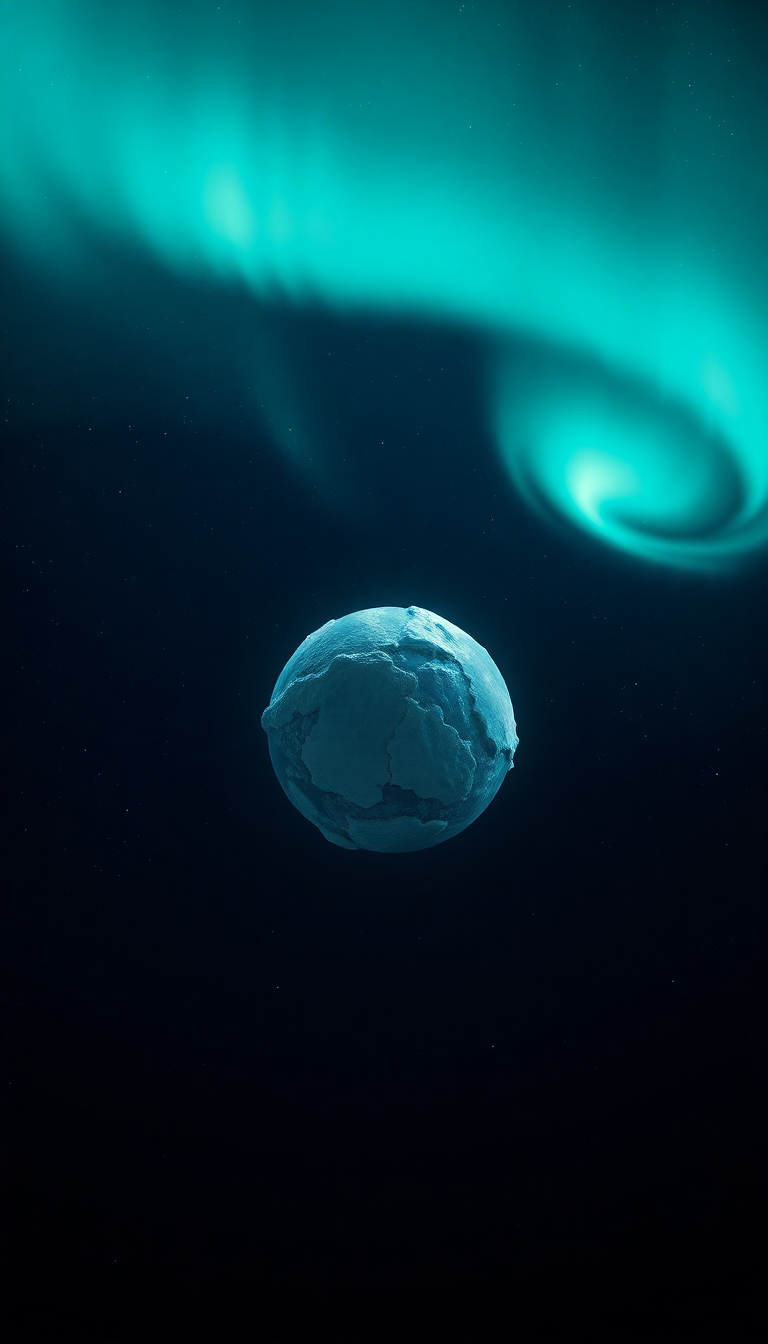 Lonely Satellite Orbiting Ice Planet Photorealistic Wallpaper