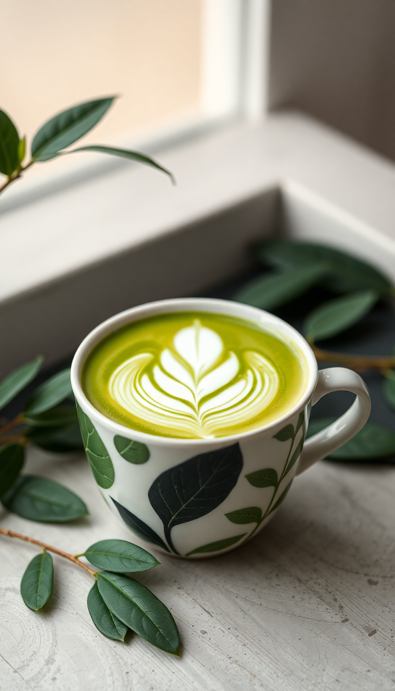 Matcha Latte Art Leaf Pattern Photorealistic Wallpaper