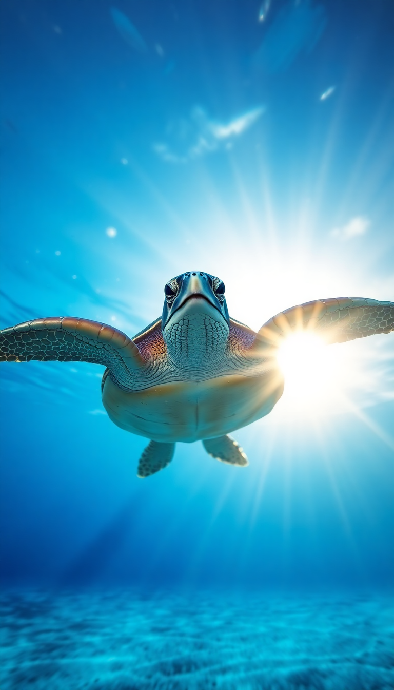 Sea Turtle Swimming Sunbeams Underwater Photorealistic Wallpaper