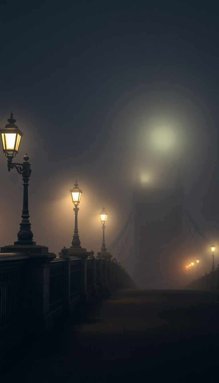 Foggy London Bridge Vintage Lampposts Photorealistic Wallpaper