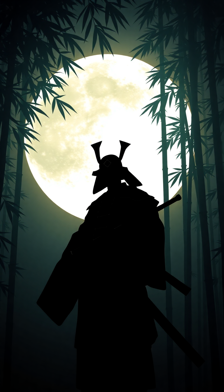 Samurai Silhouette Moonlit Bamboo Forest Digital art Wallpaper