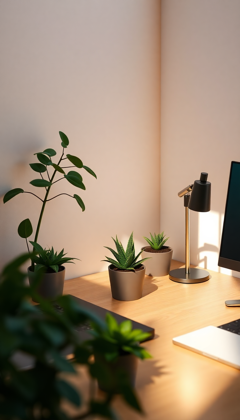 Minimalist Desk Setup Plants Morning Photorealistic Wallpaper