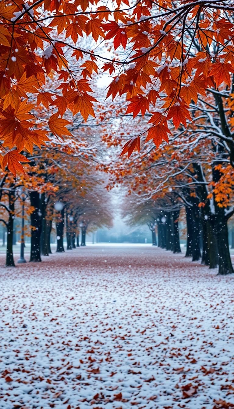 First Snow Falling On Autumn Photorealistic Wallpaper