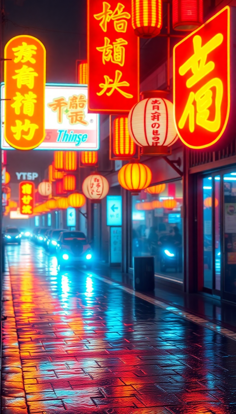 Neon Signs Chinese Characters Rain Digital art Wallpaper