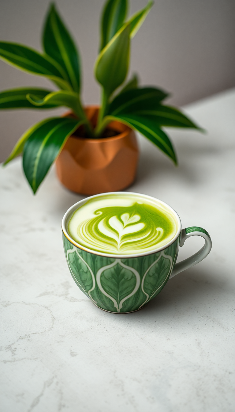 Matcha Latte Art Leaf Pattern Photorealistic Wallpaper