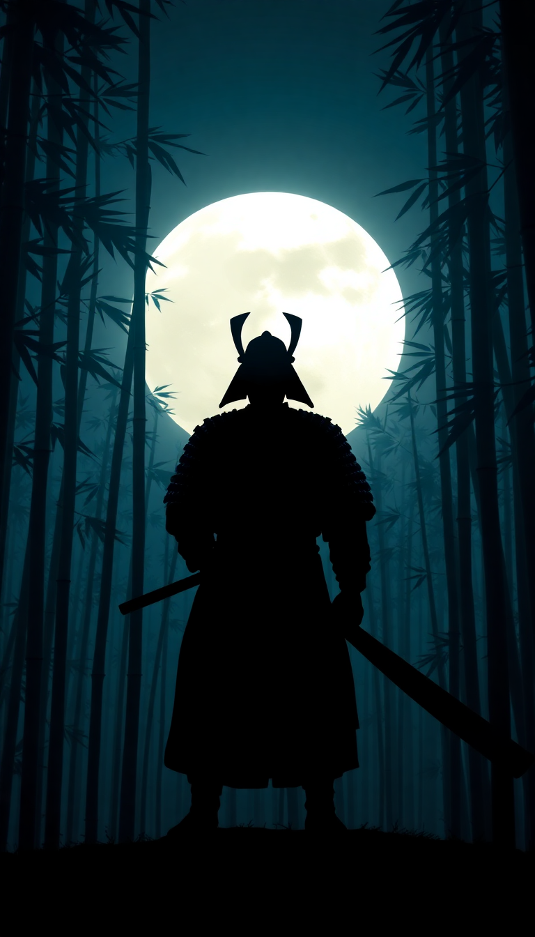 Samurai Silhouette Moonlit Bamboo Forest Digital art Wallpaper