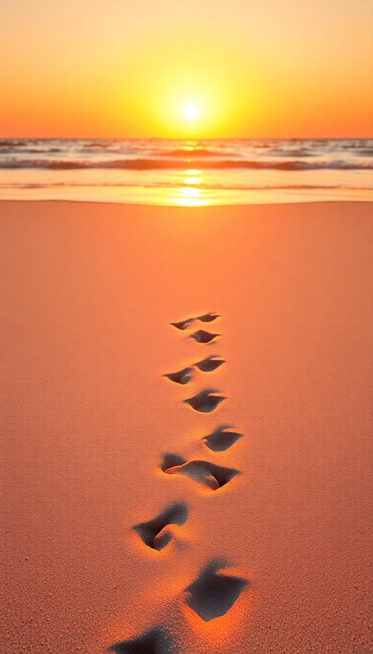 Summer Beach Golden Hour Footprints Photorealistic Wallpaper