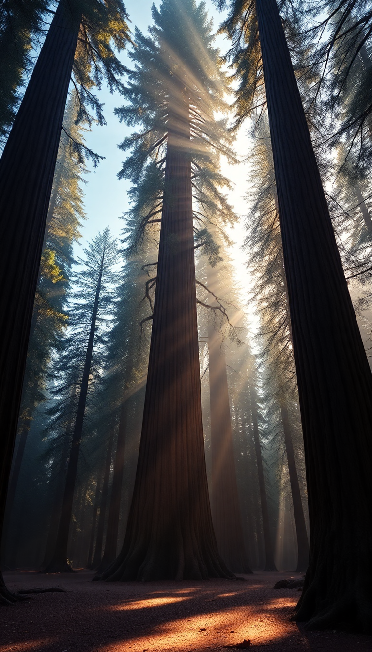 Giant Redwood Trees Morning Fog Photorealistic Wallpaper
