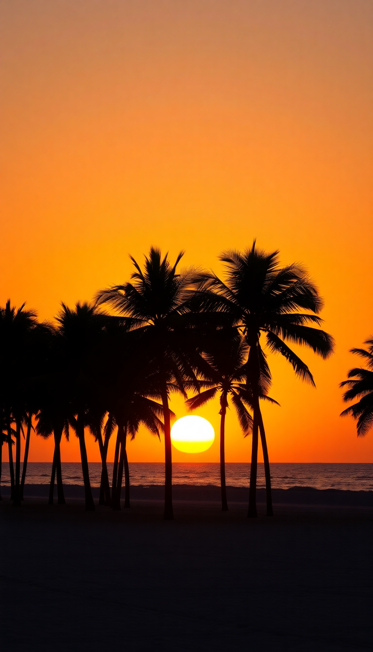 Summer Sunset Beach Silhouette Palm Photorealistic Wallpaper