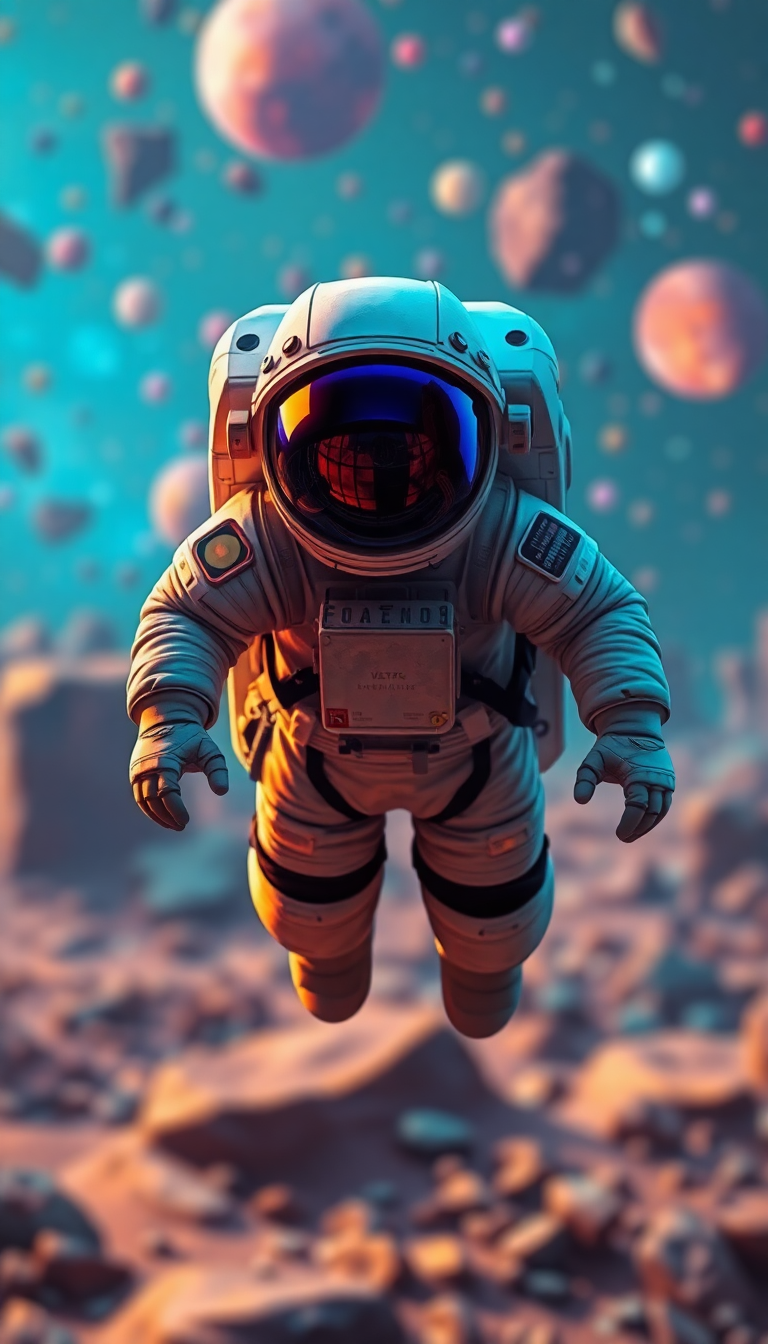 Astronaut Floating Through Colorful Asteroid Digital art Wallpaper