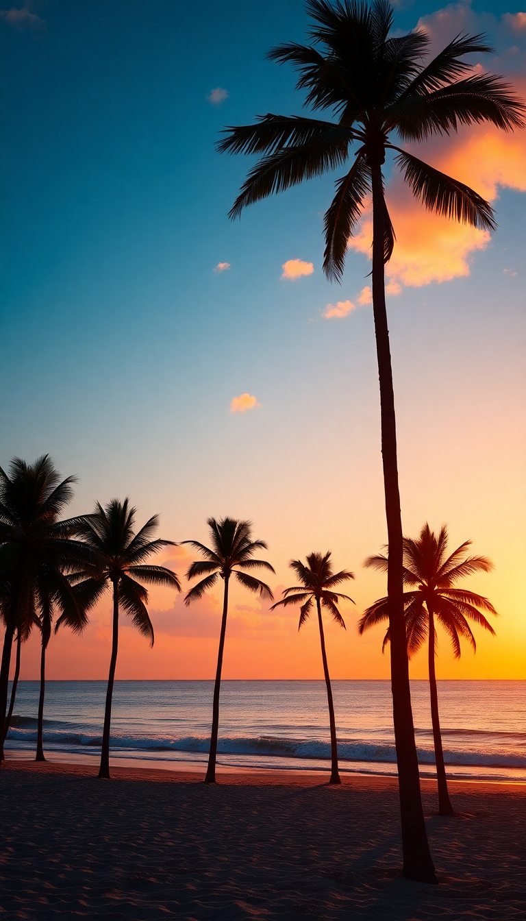 Summer Sunset Beach Silhouette Palm Photorealistic Wallpaper
