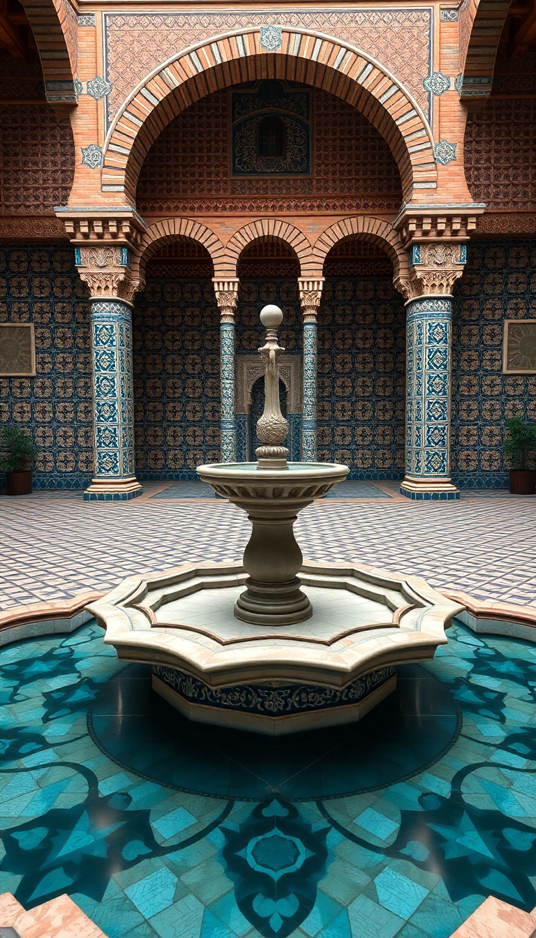 Moroccan Courtyard Tiles Fountain Mosaic Photorealistic Wallpaper