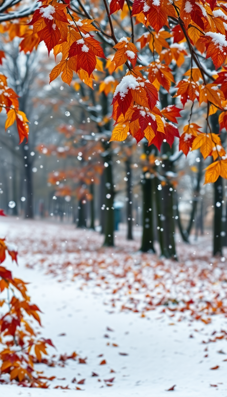 First Snow Falling On Autumn Photorealistic Wallpaper