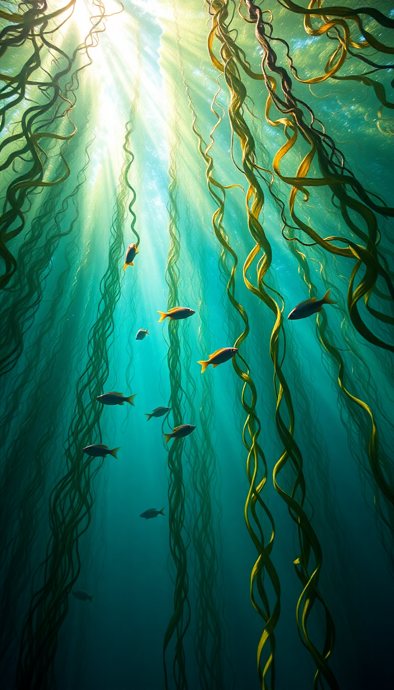Underwater Forest Kelp Swaying Fish Photorealistic Wallpaper