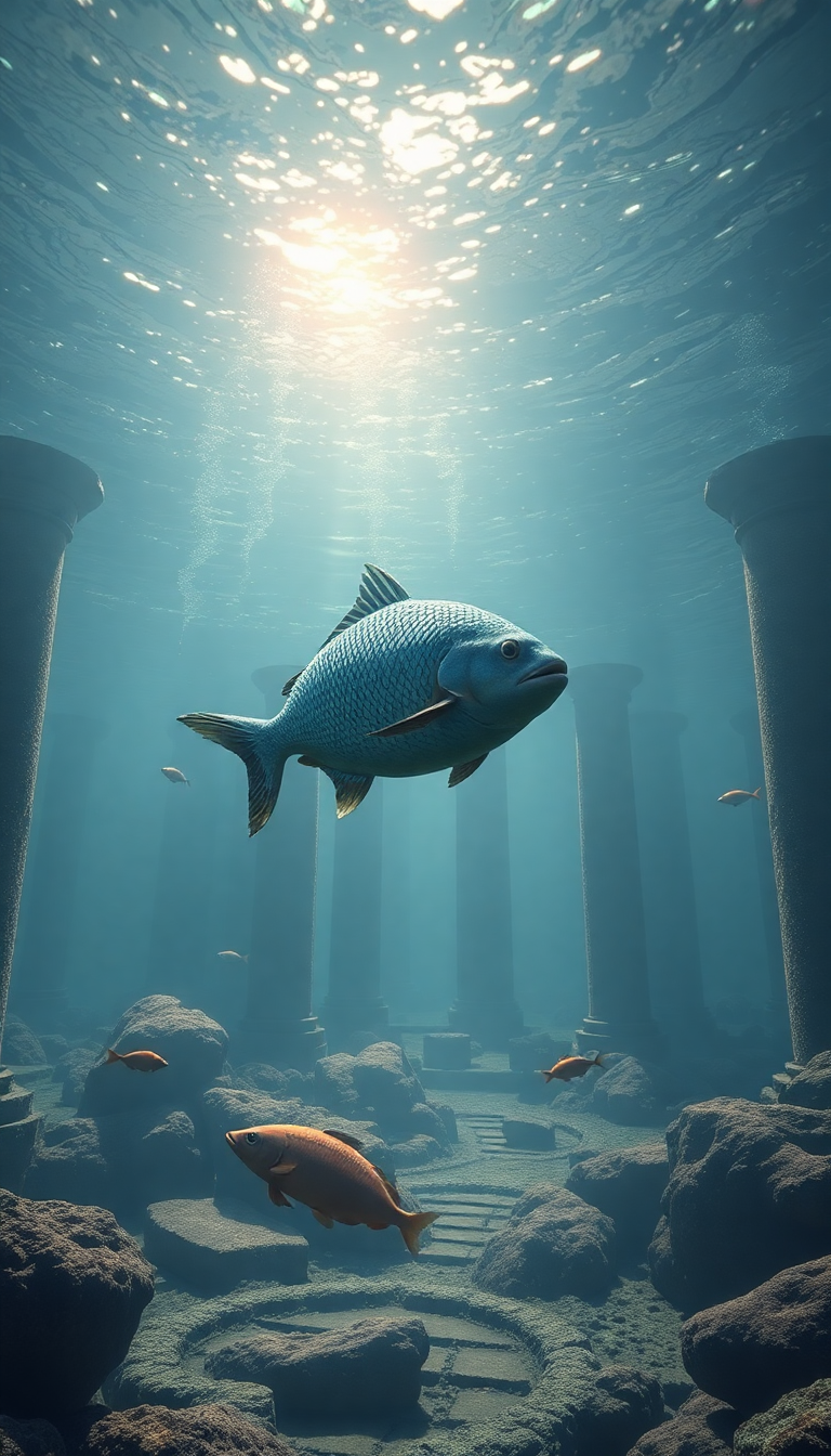 Sunken Ancient Temple Fish Swimming Digital art Wallpaper