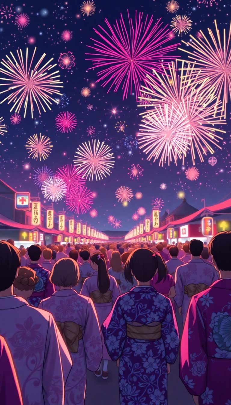 Summer Festival Fireworks Yukata Crowd Anime Wallpaper