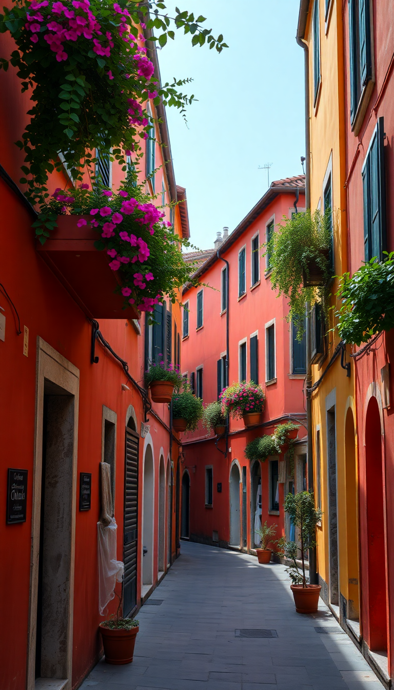 Narrow Italian Alley Colorful Buildings Photorealistic Wallpaper