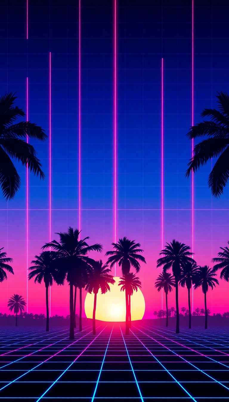 80s Synthwave Grid Sunset Palm Digital art Wallpaper
