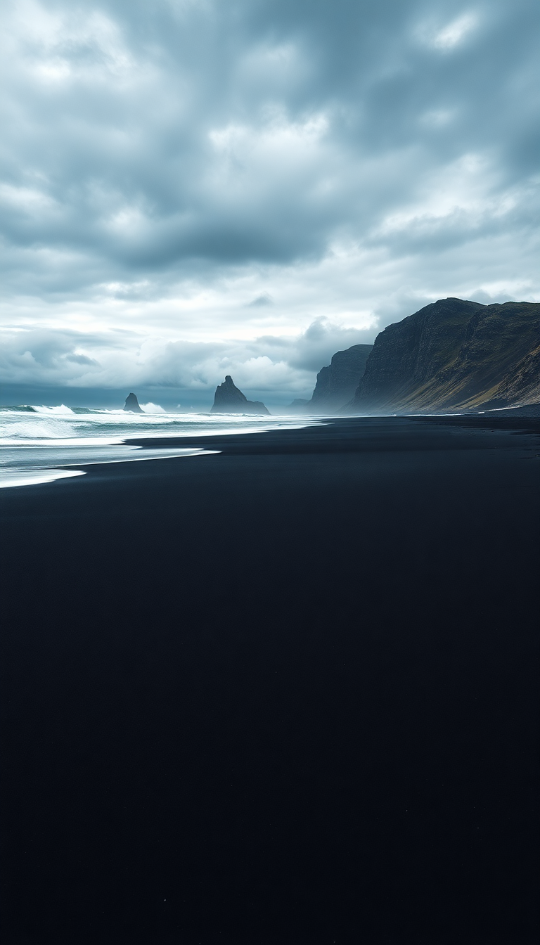 Icelandic Black Sand Beach Waves Photorealistic Wallpaper