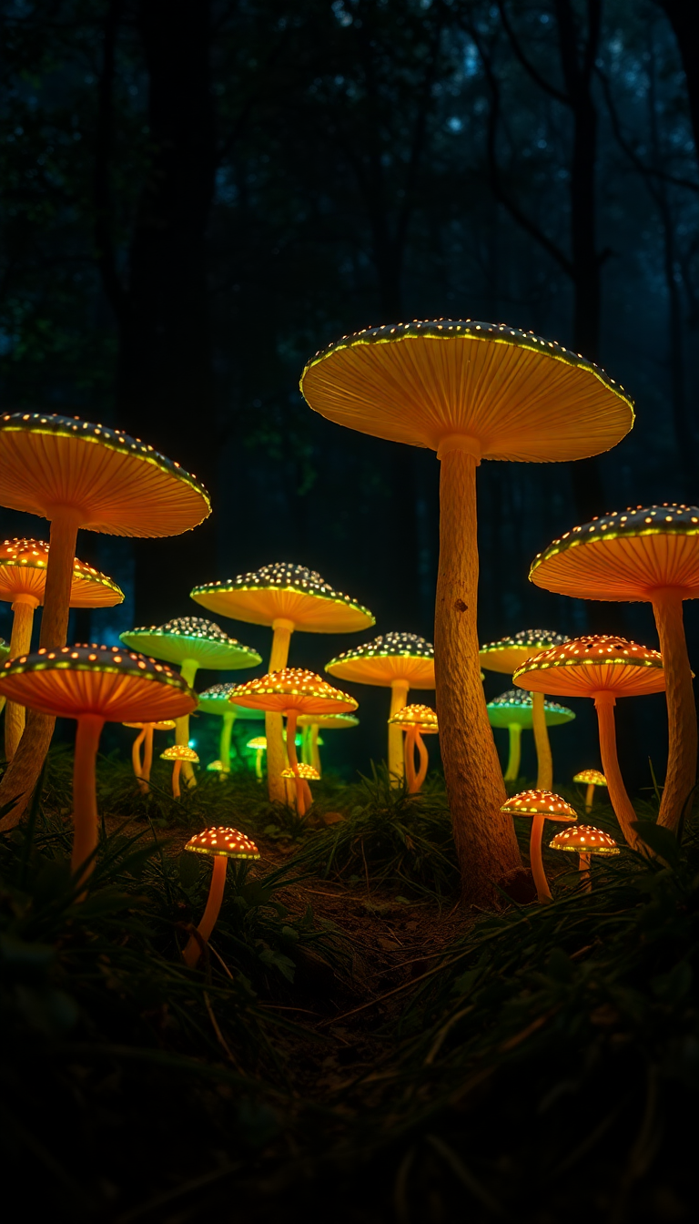 Bioluminescent Mushroom Forest At Night Photorealistic Wallpaper