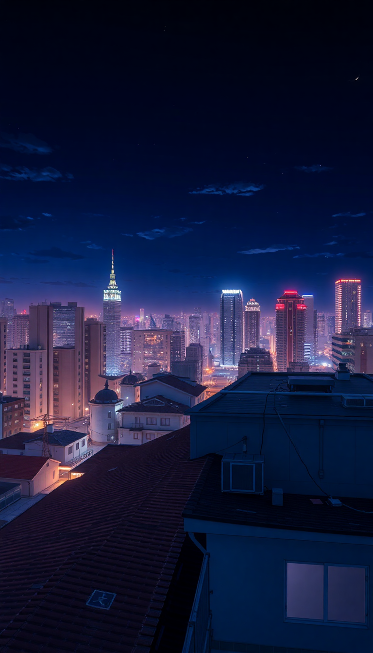 Rooftop At Night City Lights Anime Wallpaper