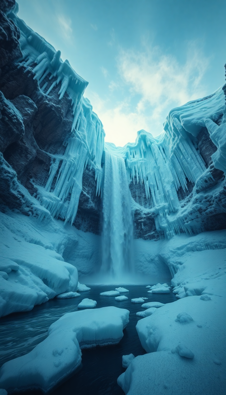Frozen Waterfall Ice Formations Winter Photorealistic Wallpaper