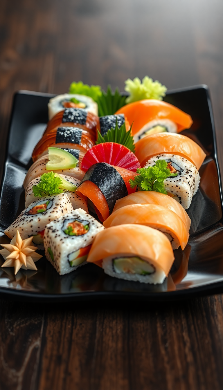 Fresh Sushi Arrangement Artistic Plating Photorealistic Wallpaper