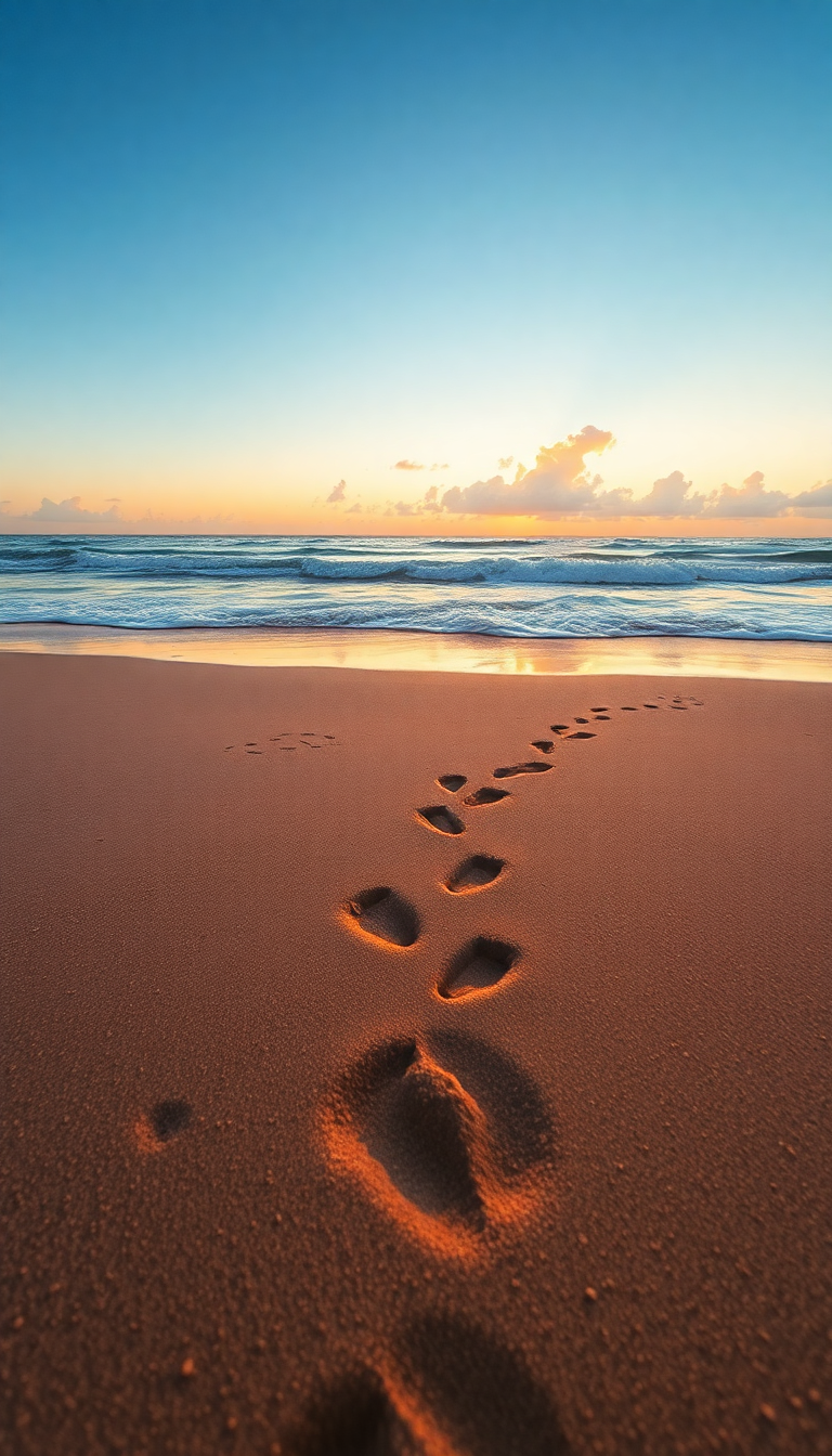 Summer Beach Golden Hour Footprints Photorealistic Wallpaper