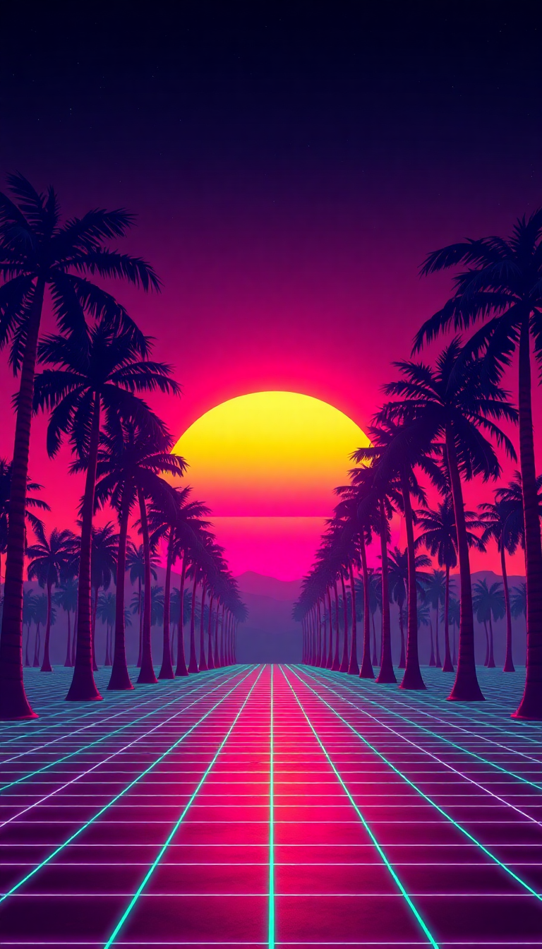 80s Synthwave Grid Sunset Palm Digital art Wallpaper
