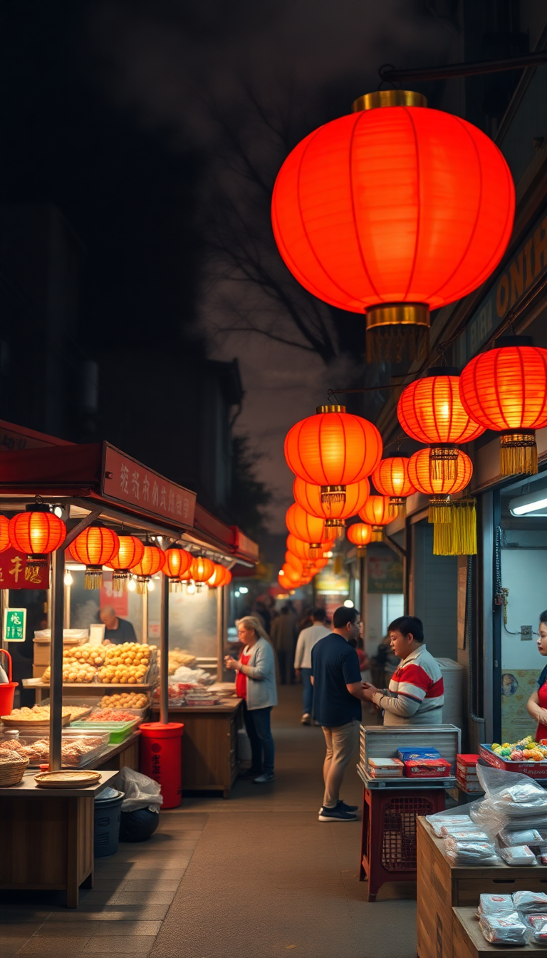 Night Market Street Food Stalls Photorealistic Wallpaper