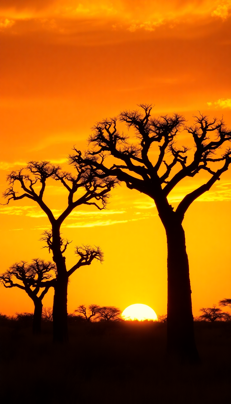 Baobab Trees Silhouette African Sunset Photorealistic Wallpaper