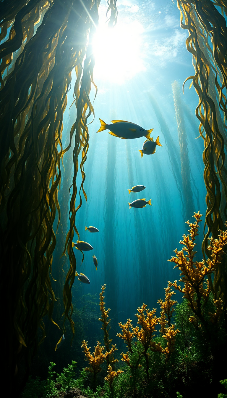 Underwater Forest Kelp Swaying Fish Photorealistic Wallpaper