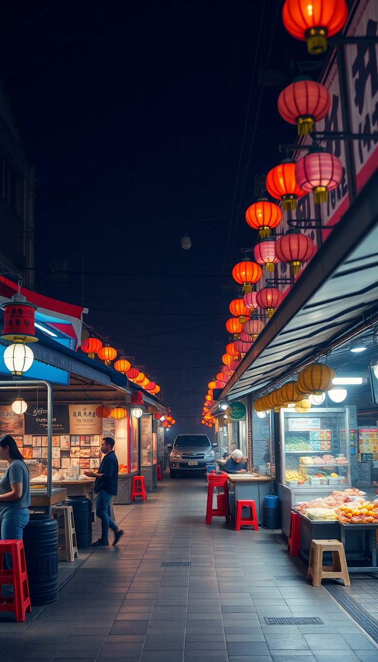 Night Market Street Food Stalls Photorealistic Wallpaper
