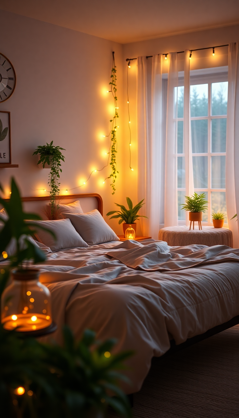 Indie Bedroom Fairy Lights Plants Photorealistic Wallpaper