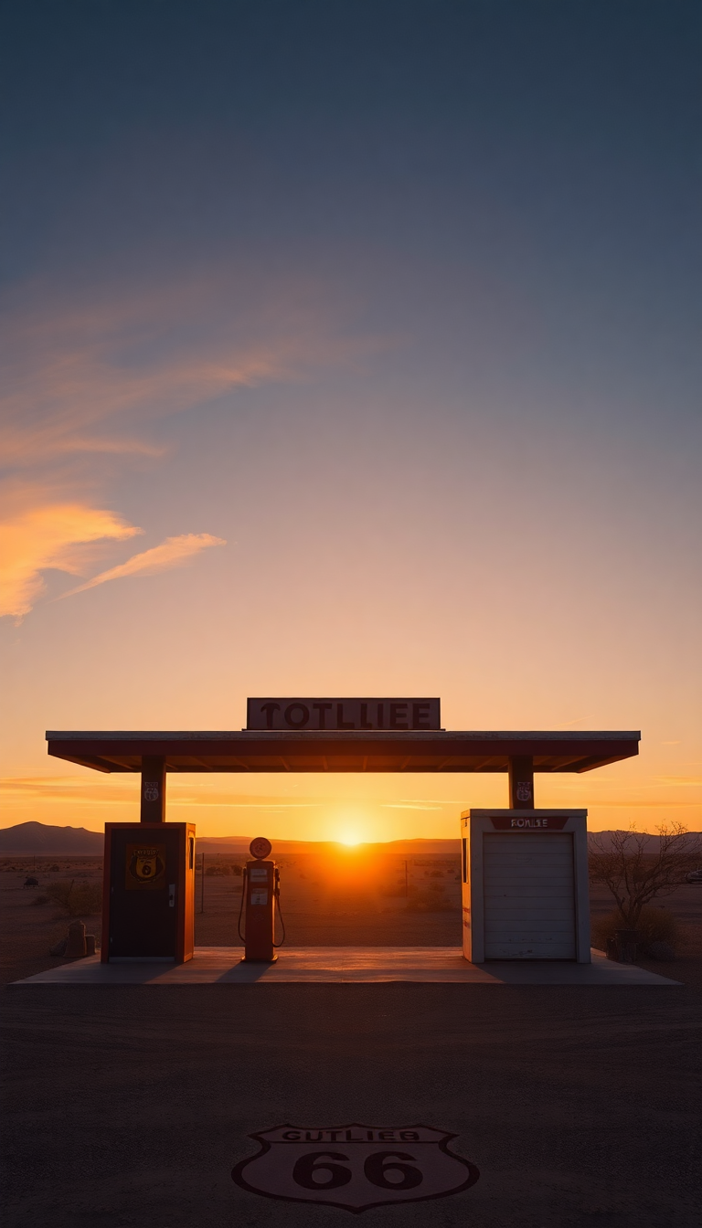 Old Gas Station Desert Route Photorealistic Wallpaper