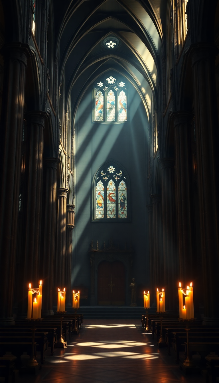 Gothic Cathedral Interior Candlelight Shadows Photorealistic Wallpaper