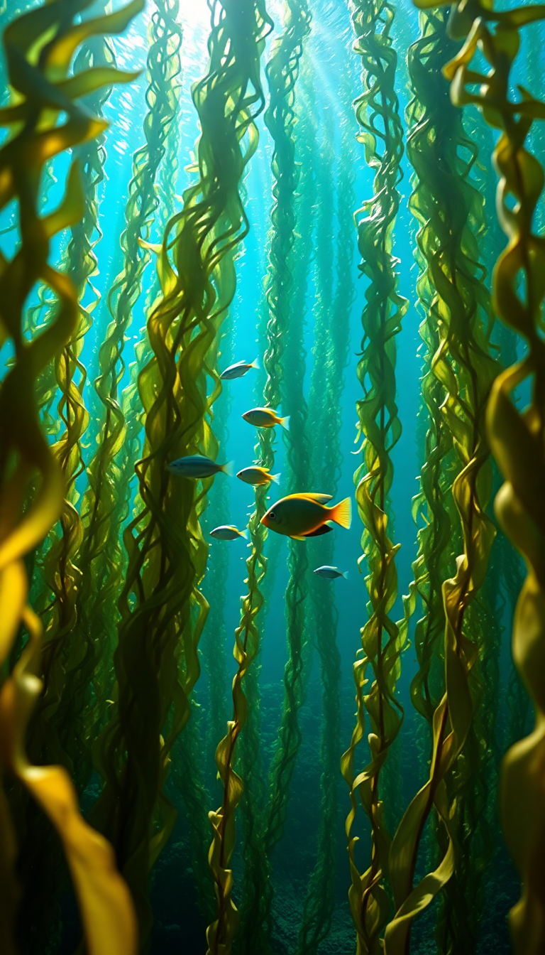 Underwater Forest Kelp Swaying Fish Photorealistic Wallpaper