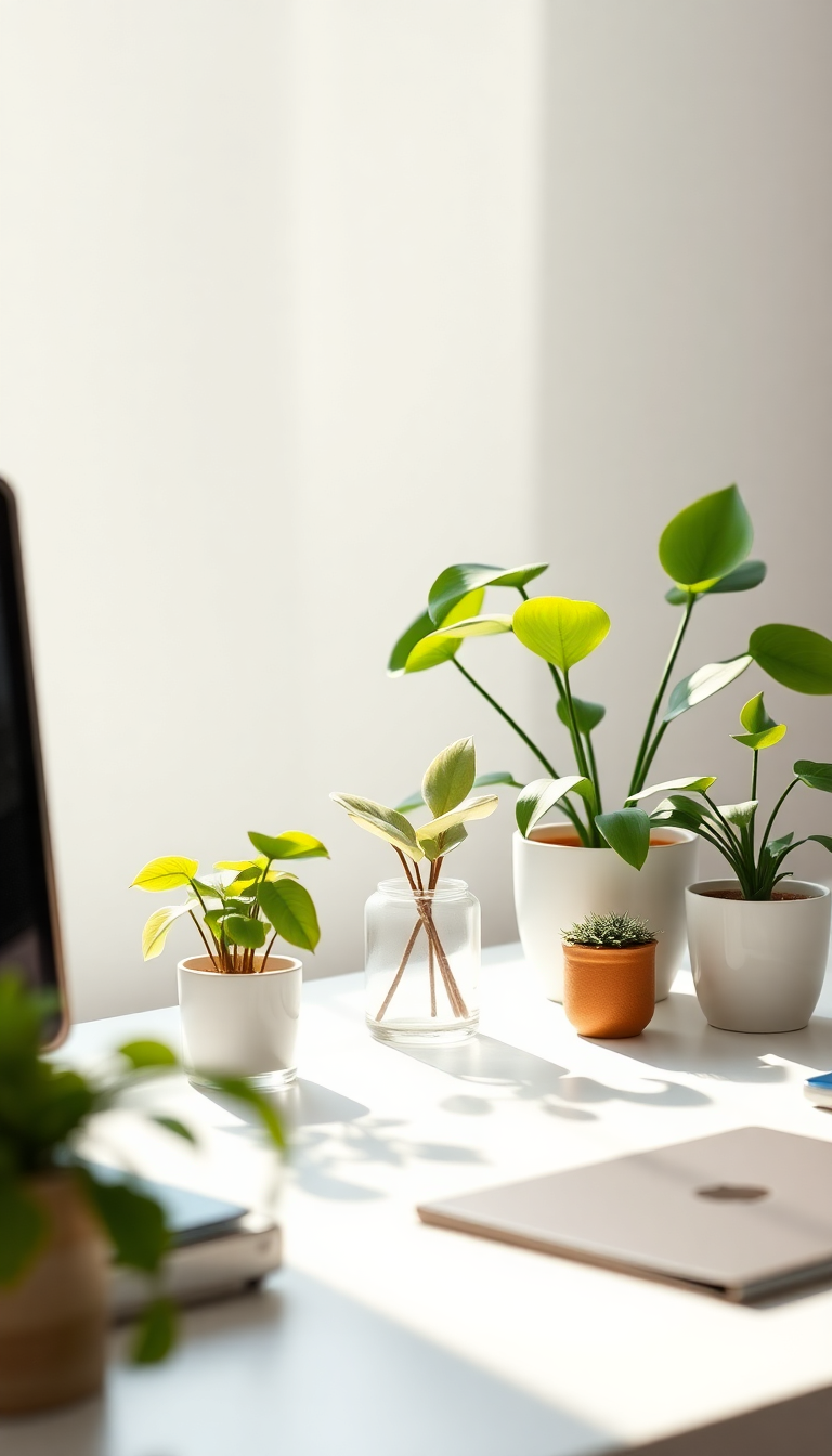 Minimalist Desk Setup Plants Morning Photorealistic Wallpaper